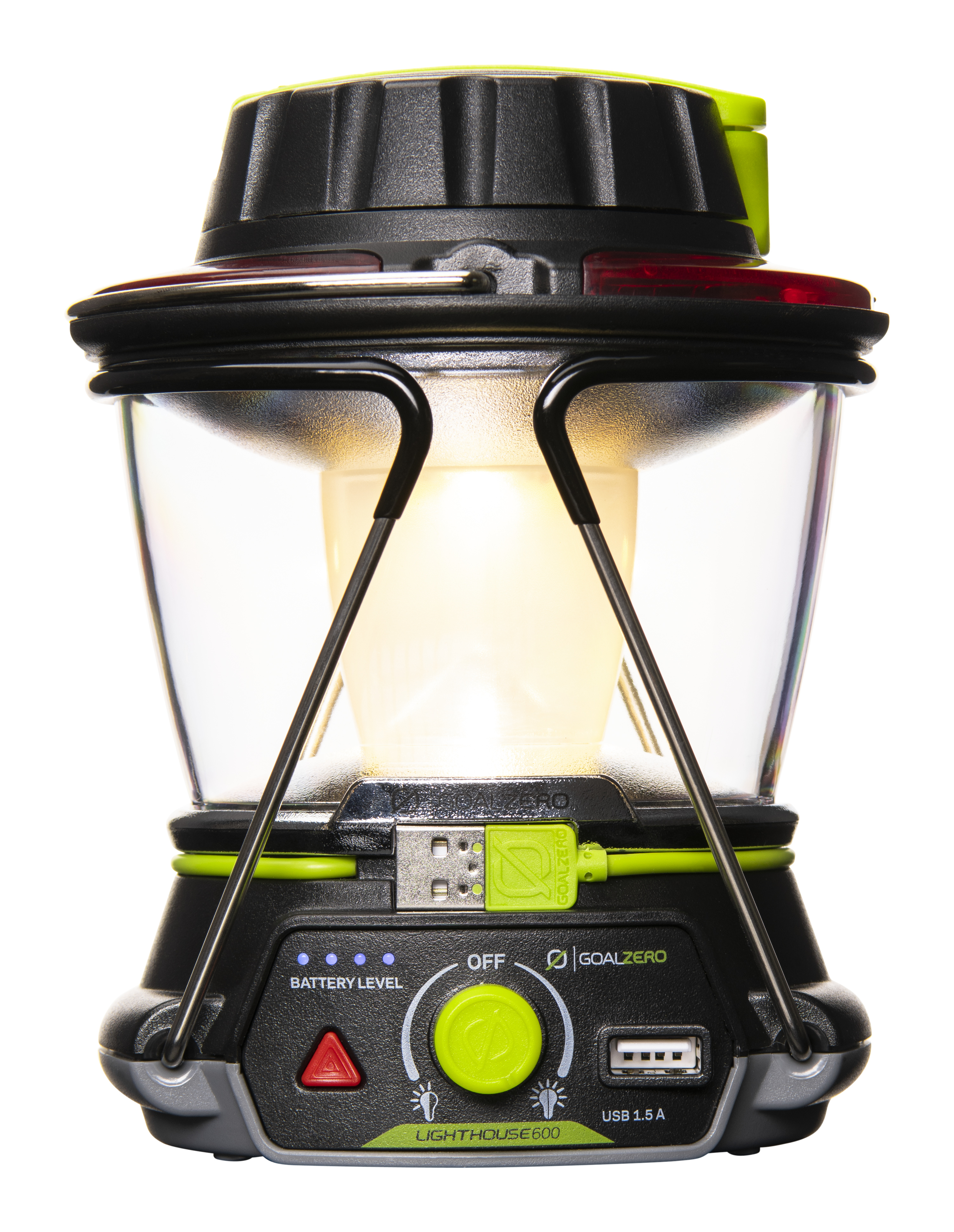 Eine schwarz-grüne Campinglaterne mit USB-Anschluss und Licht.