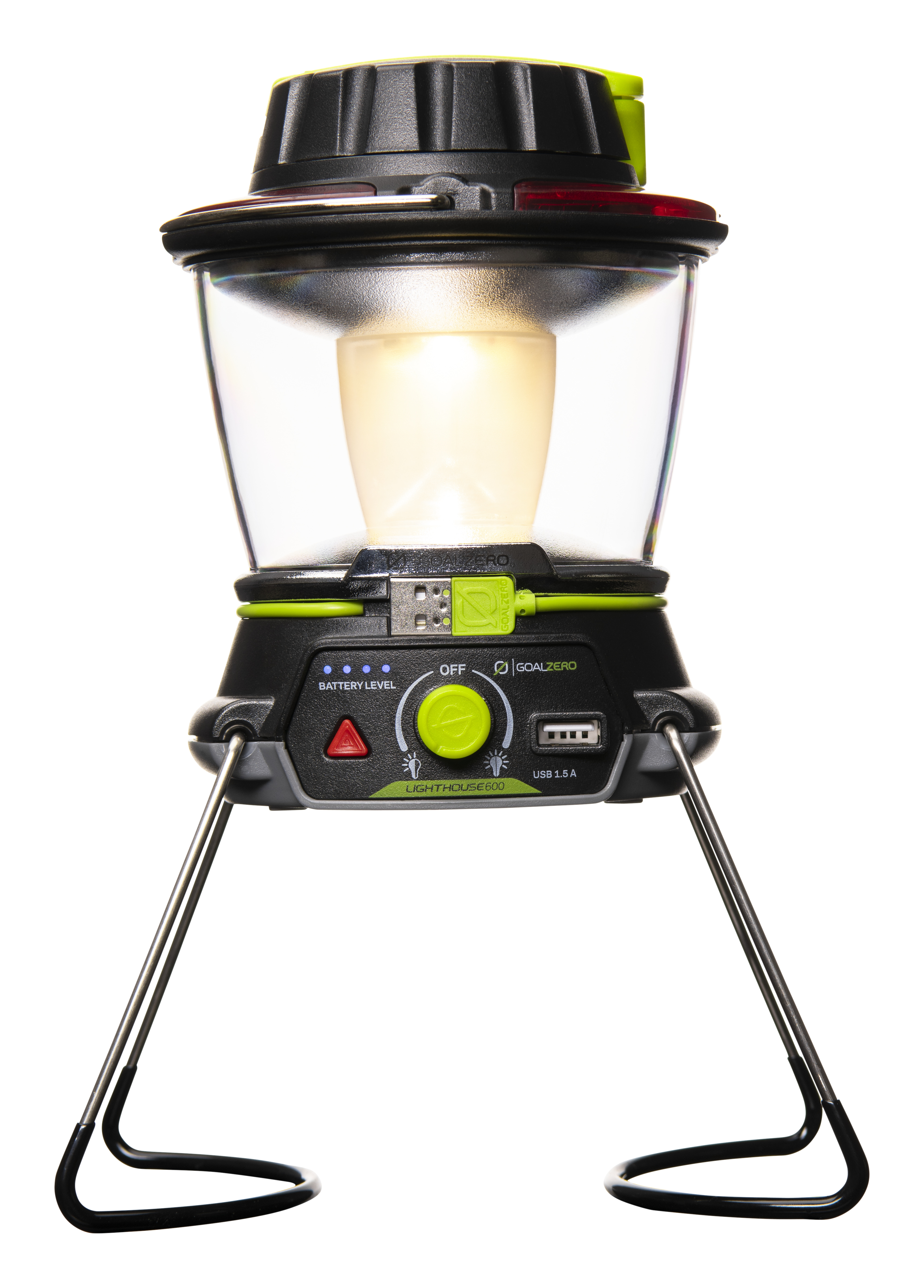 Eine schwarze und grüne Goal Zero Lighthouse 600 Laterne. Sie hat einen Griff und USB-Anschlüsse.