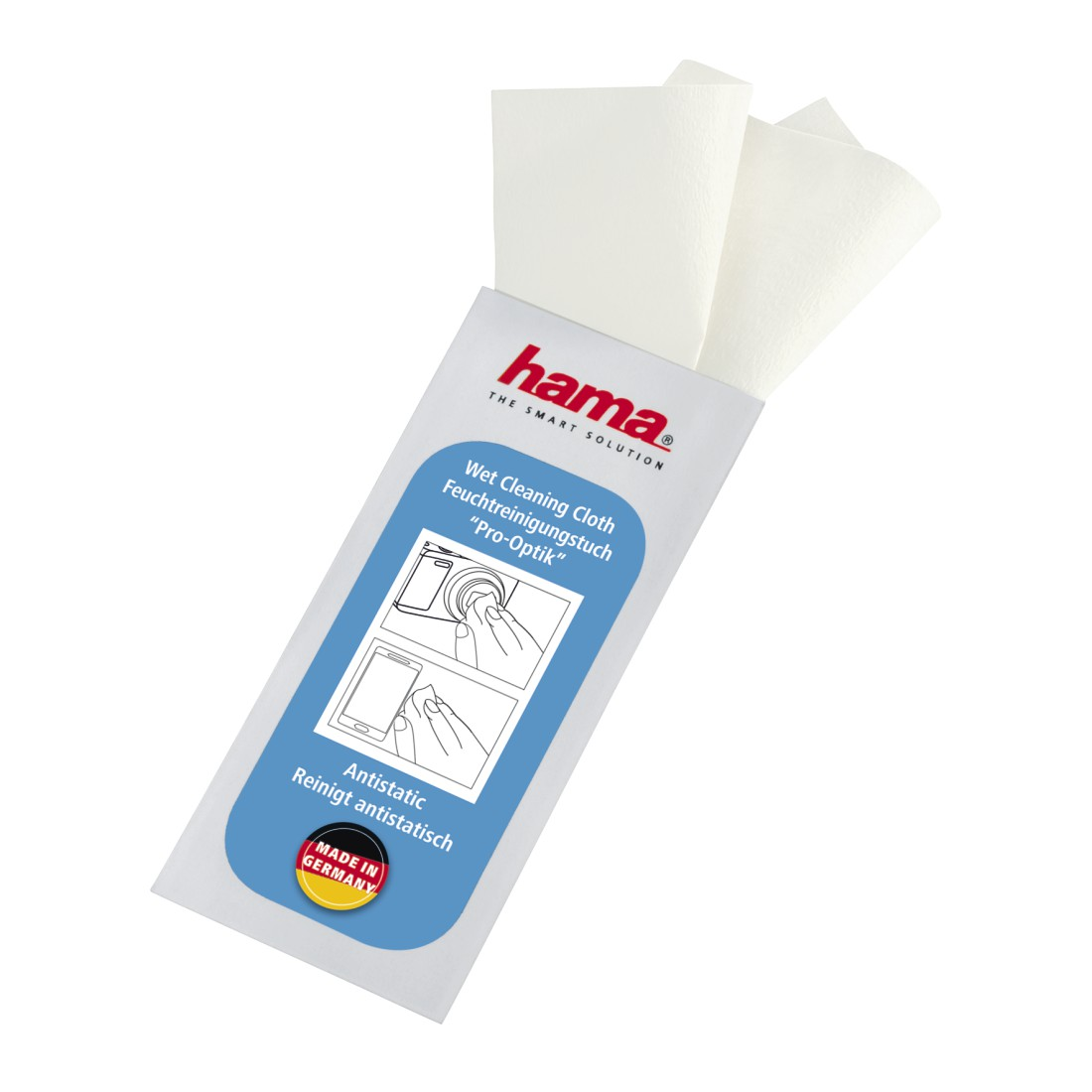 Eine Packung Hama-Feuchttücher zur Reinigung von Optiken, mit Anweisungen und Logo.