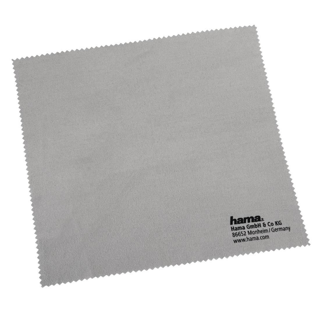 Graues Mikrofasertuch mit weißem 'hama'-Logo.