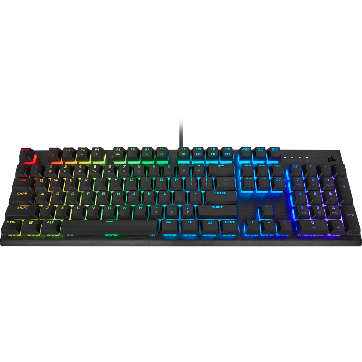 Renkli tuşlara sahip arkadan aydınlatmalı bir oyun klavyesi. Corsair logosu görünür.