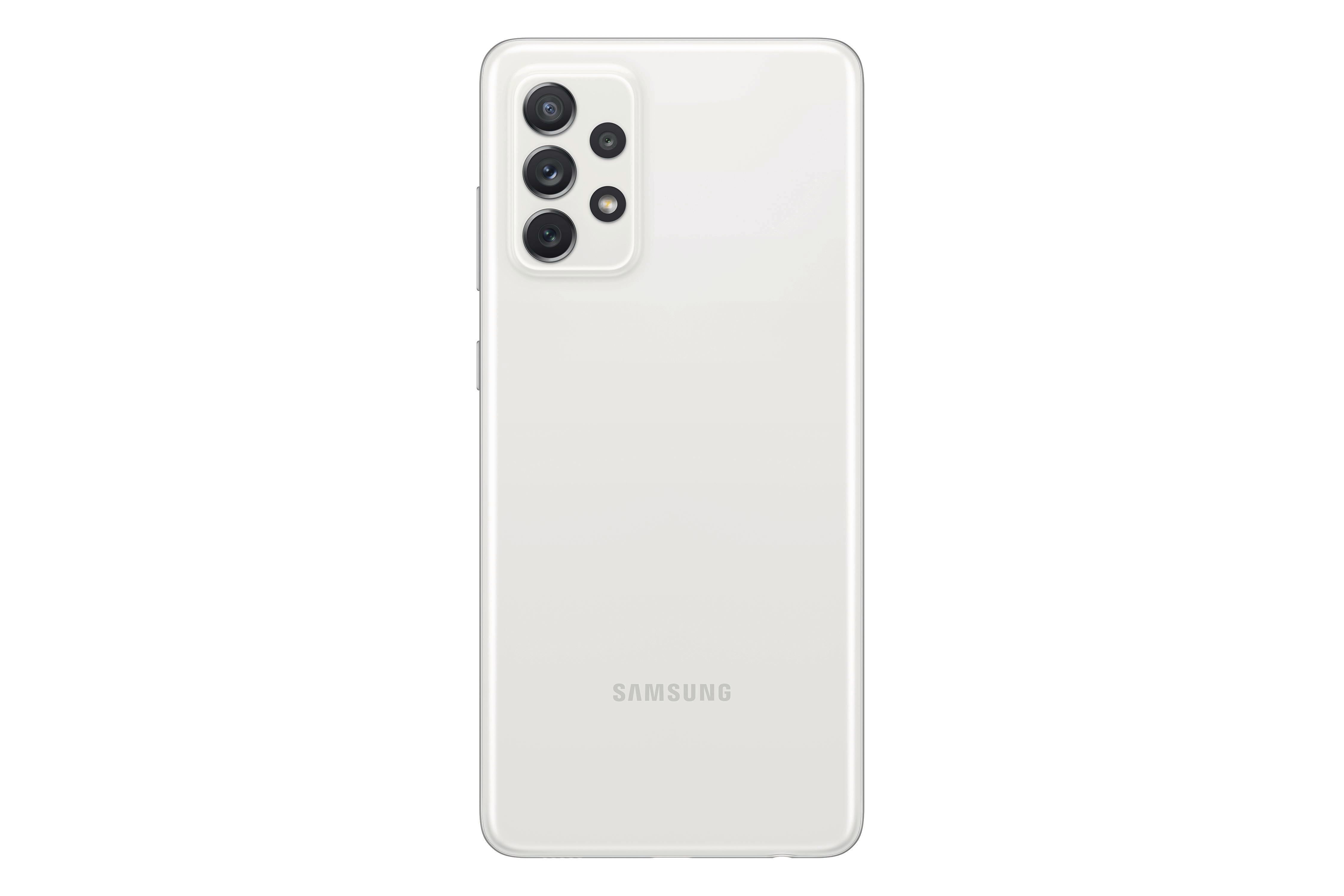 Rückansicht eines weißen Samsung-Telefons mit mehreren Kameras und Samsung-Logo.