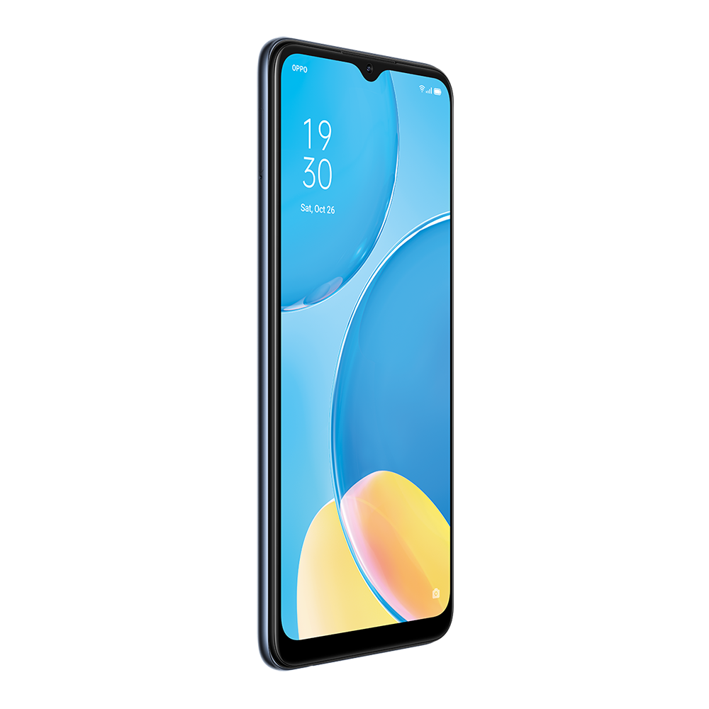 Zamanın görüntülendiği mavi ve siyah Oppo telefon.