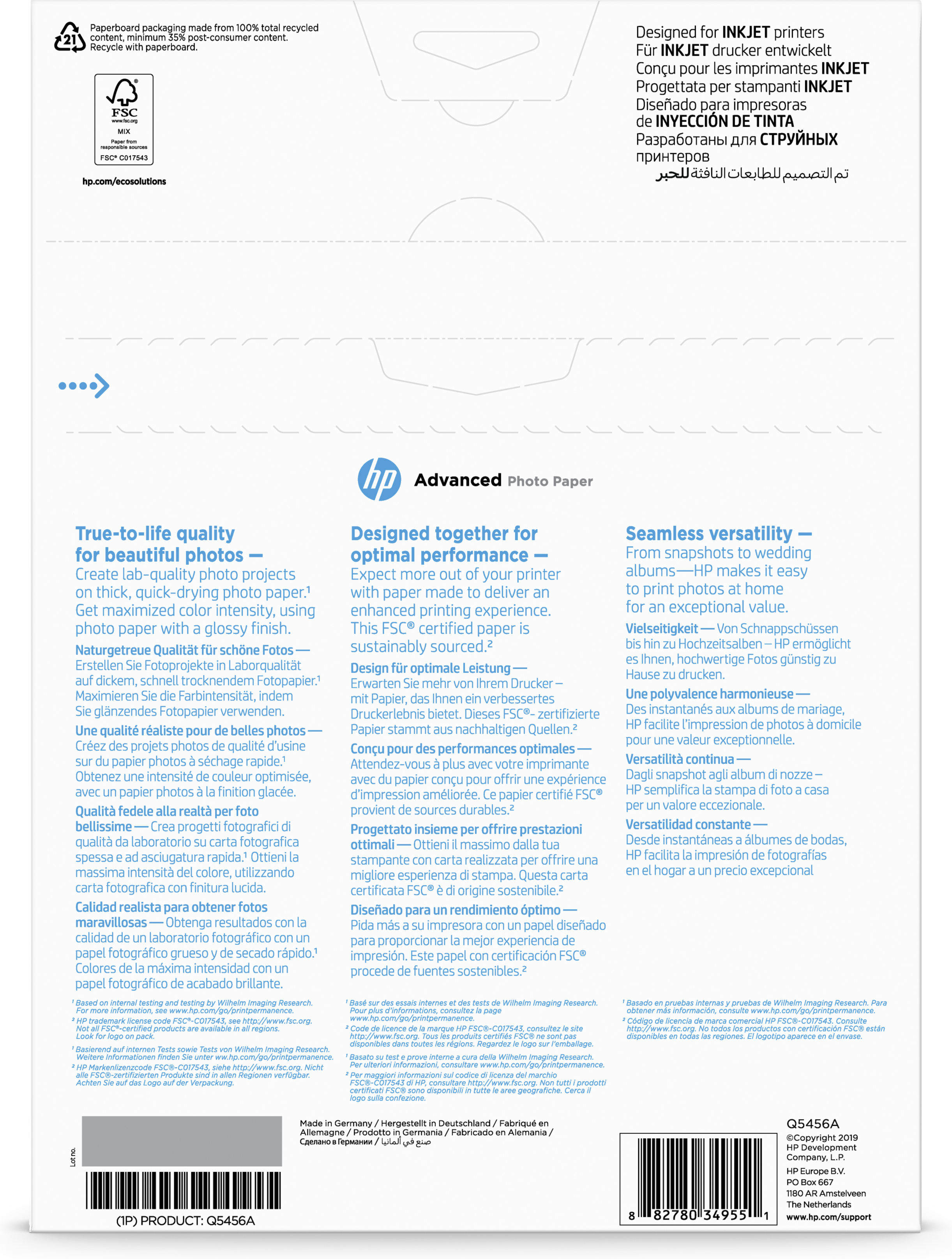 Papel fotográfico - HP Advanced Glossy Photo Paper, A4 (210 x 297 mm), 250 g/m2, 25 hojas, Q5456A