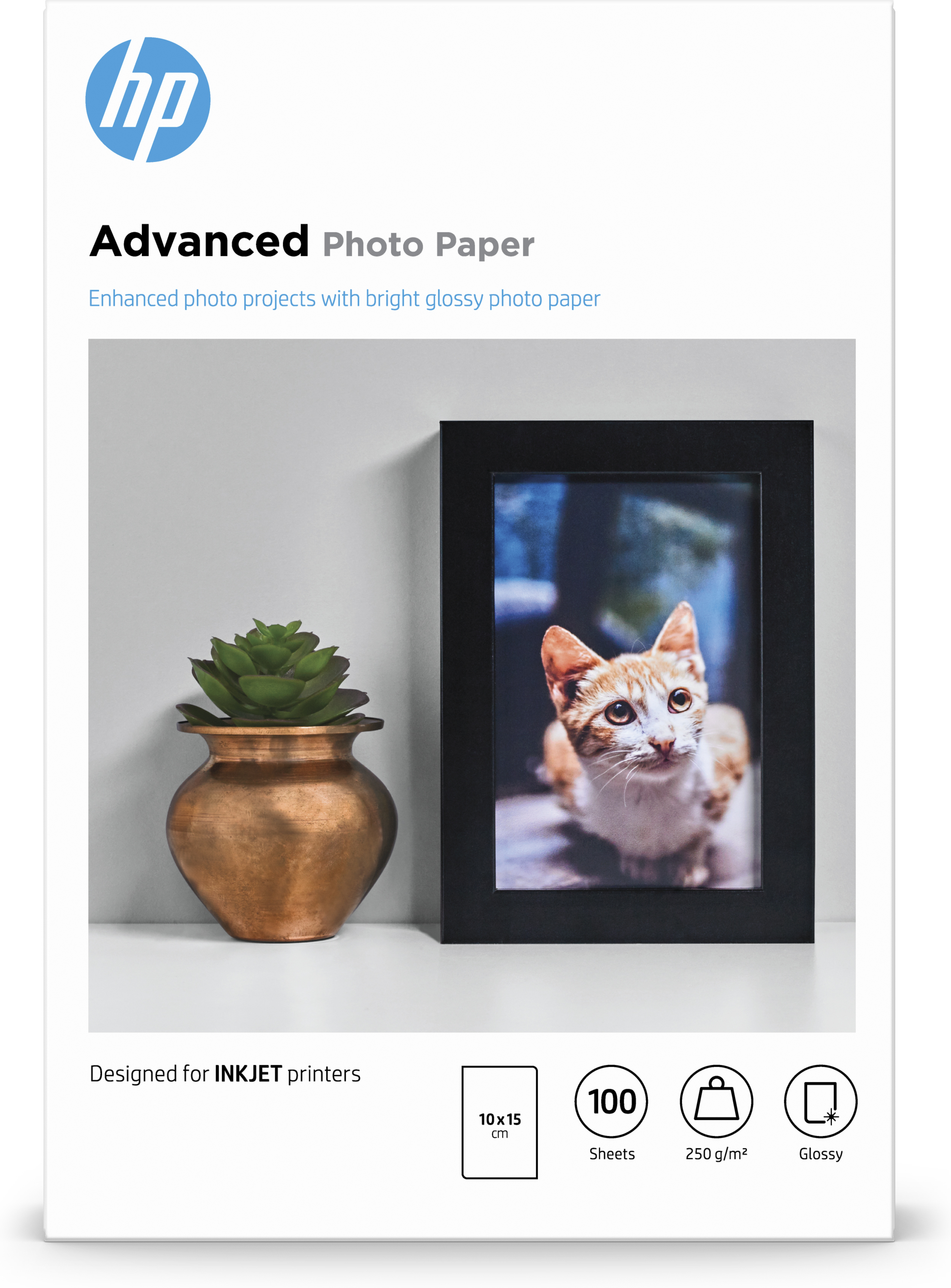 Foto-Papier-Werbung. Ein gerahmtes Katzenbild, eine Pflanze und Produktdetails werden angezeigt.