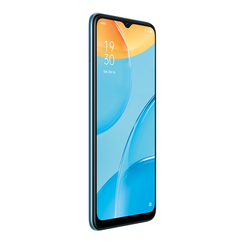 Mavi Oppo akıllı telefon, ekranda saati ve tarihi gösteriyor.