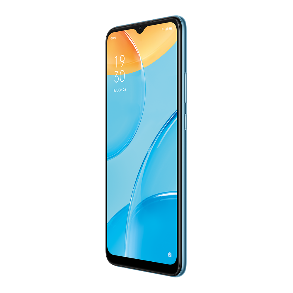 Açık mavi ve turuncu bir arka plan görüntüleyen mavi bir Oppo A15s akıllı telefon.
