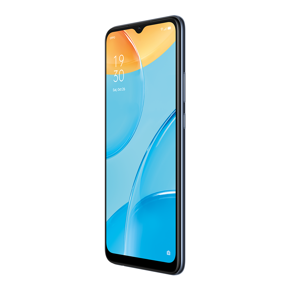 Mavi bir Oppo A15 telefonu. Telefon siyah bir arka plan üzerinde ve ekranında bir grafik gösteriyor.