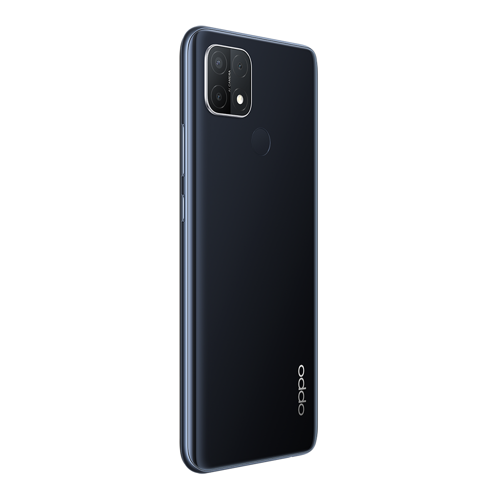 Koyu mavi Oppo telefon, arka görünüm. Kamera lensleri ve Oppo logosu.