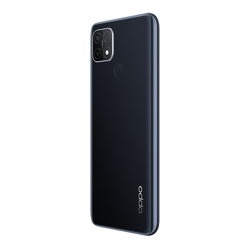 Çoklu kameralı ve Oppo logosu olan siyah bir Oppo telefon.