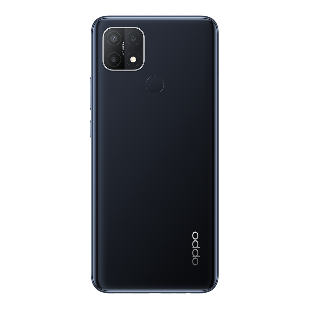 Siyah Oppo telefonun arkası, kamerayı ve Oppo logosunu gösteriyor.