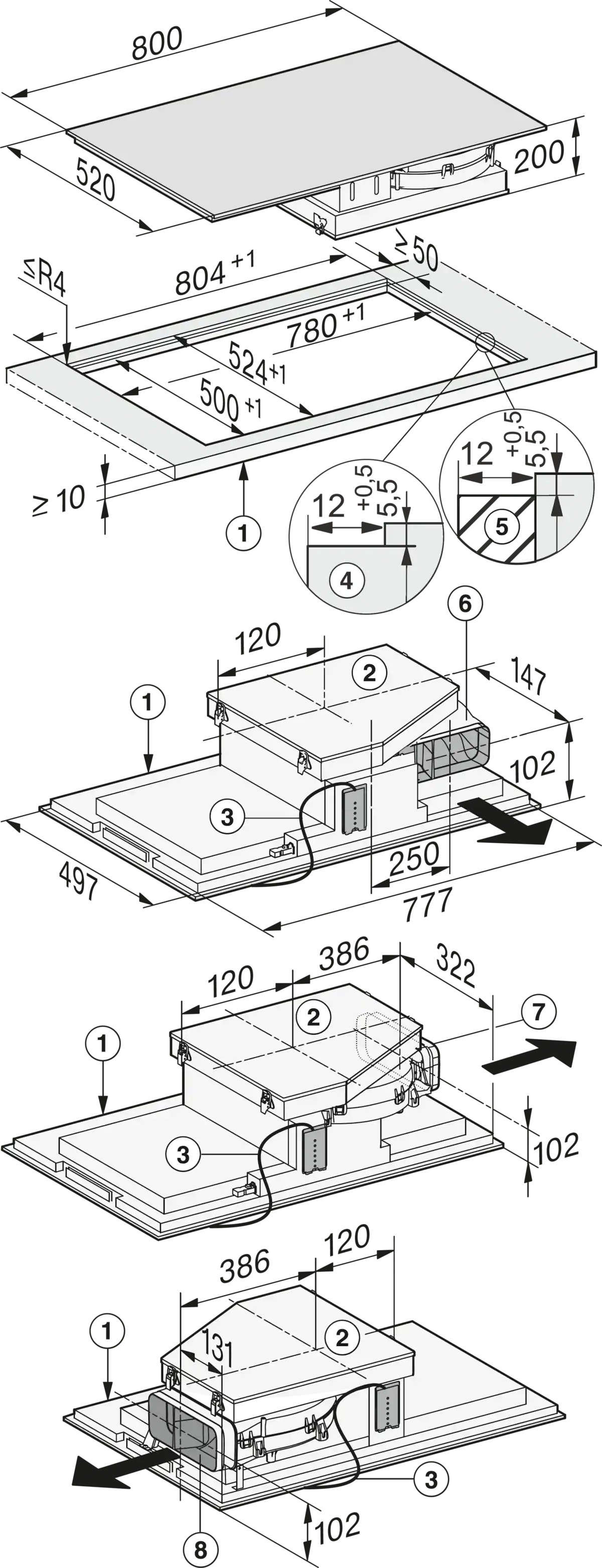 MIELE KMDA 7634 FL Induktionskochfeld mit integriertem Wrasenabzug (800 mm breit, 520 mm tief, Glaskeramik, Induktionskochfeld, EEK: A++)