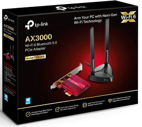 Boîte noire avec adaptateur Wi-Fi et antennes, avec texte et logos.