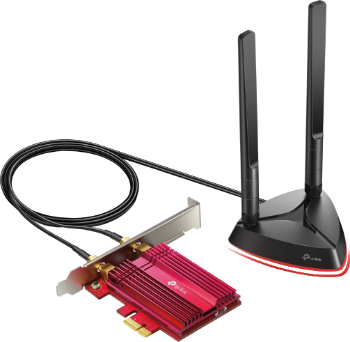 Carte réseau TP-Link rouge et noire avec deux antennes. Câble noir se connecte à la carte.