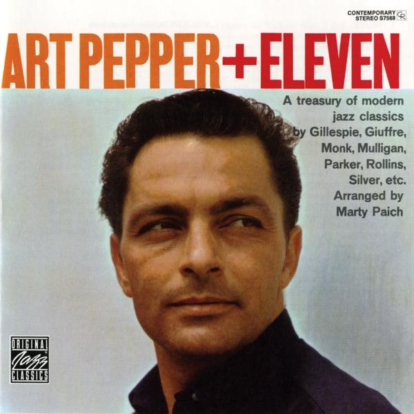 Albumhoes van Art Pepper + Eleven. Portret van een man met tekstoverlay. Tekst bevat jazzklassiekers en namen van muzikanten.