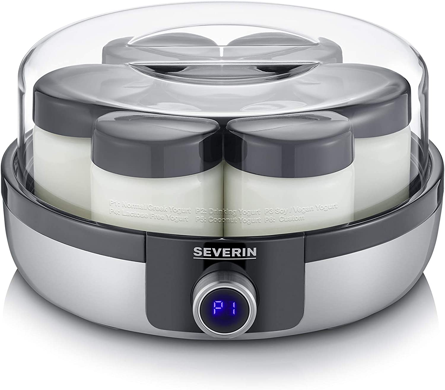 Een yoghurtmaker met potjes erin en een digitaal display.