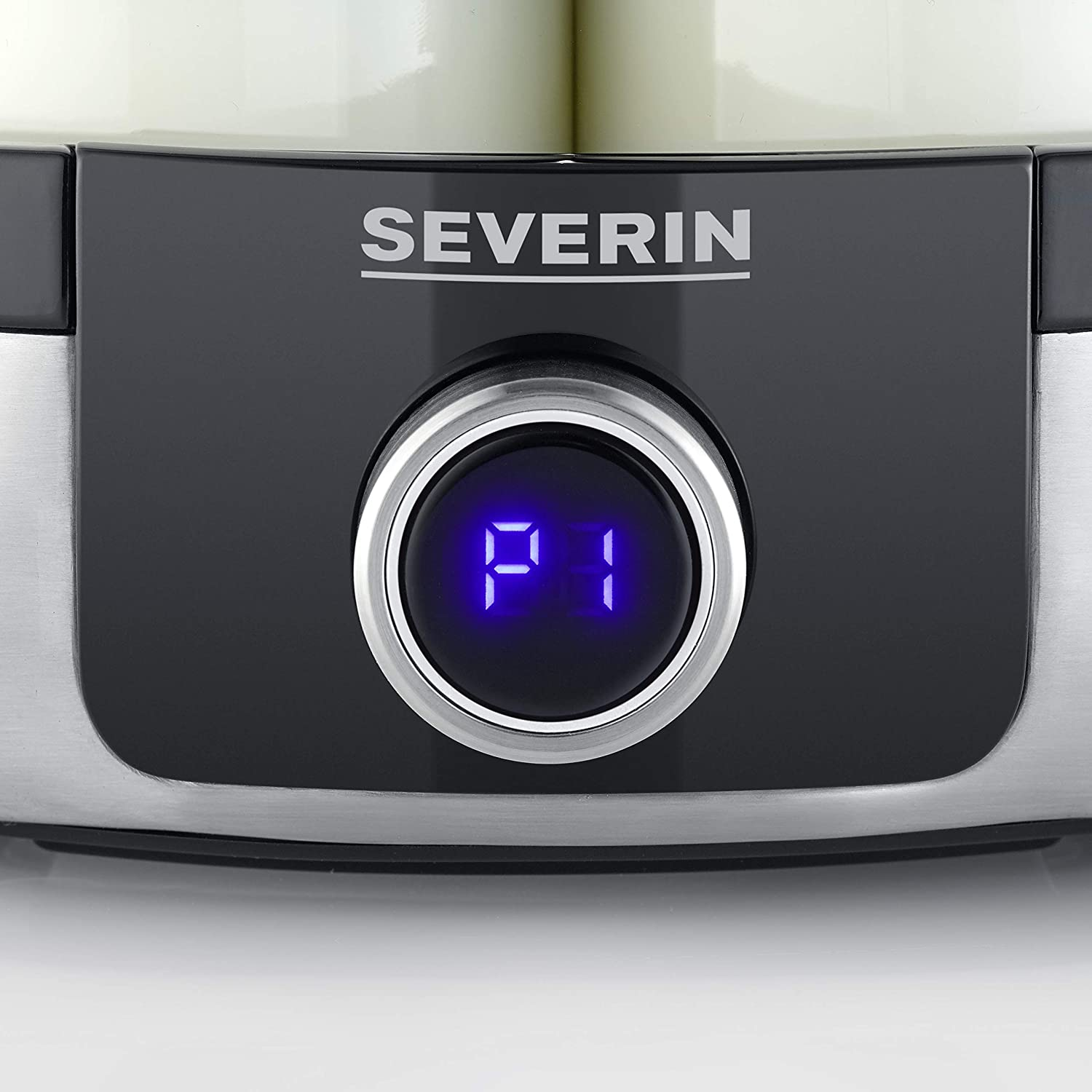 Close-up van een Severin-apparaat bedieningspaneel met een verlicht display.