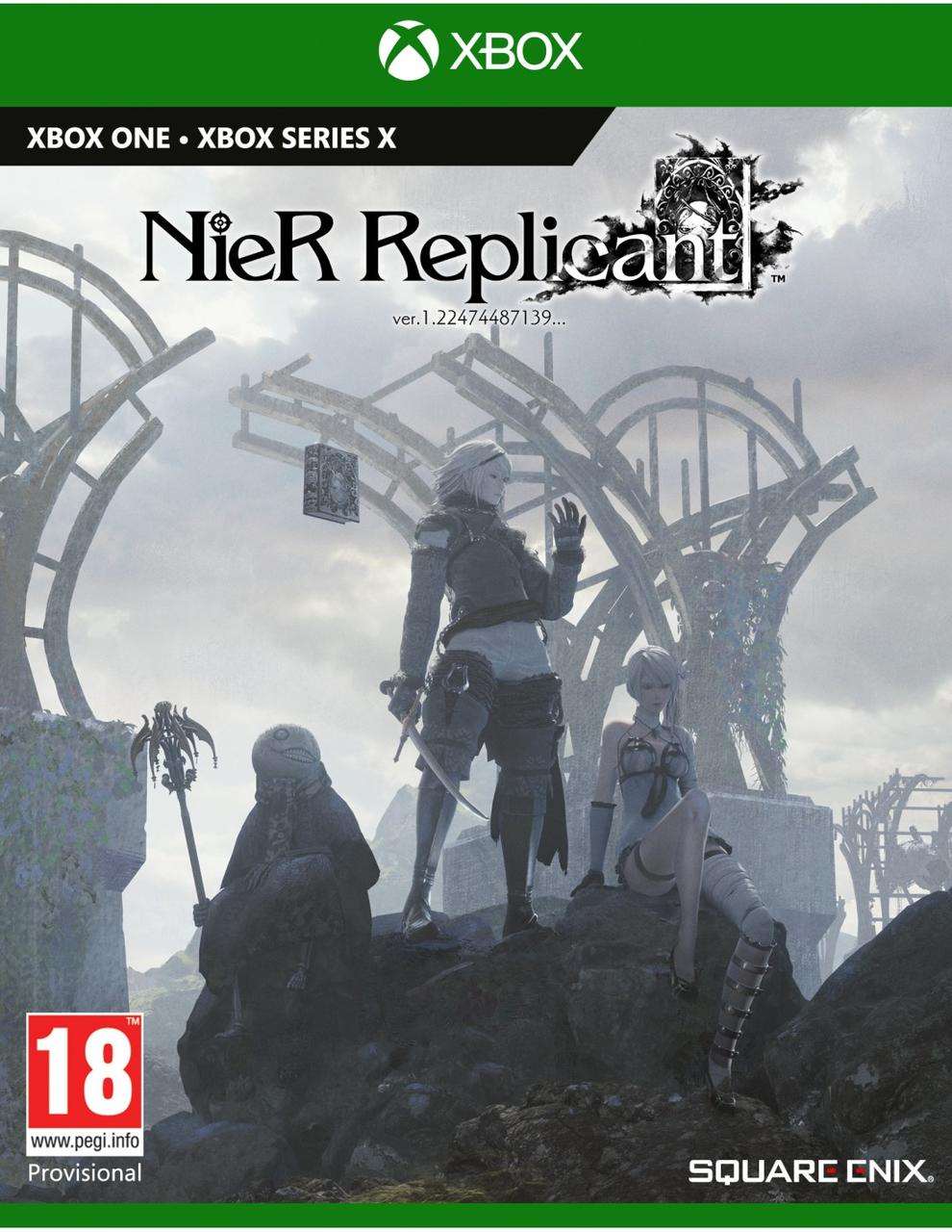 Portada del juego NiER Replicant. Figuras en un mundo de ruinas. Logotipo de Square Enix. Calificaciones de Xbox y PEGI.