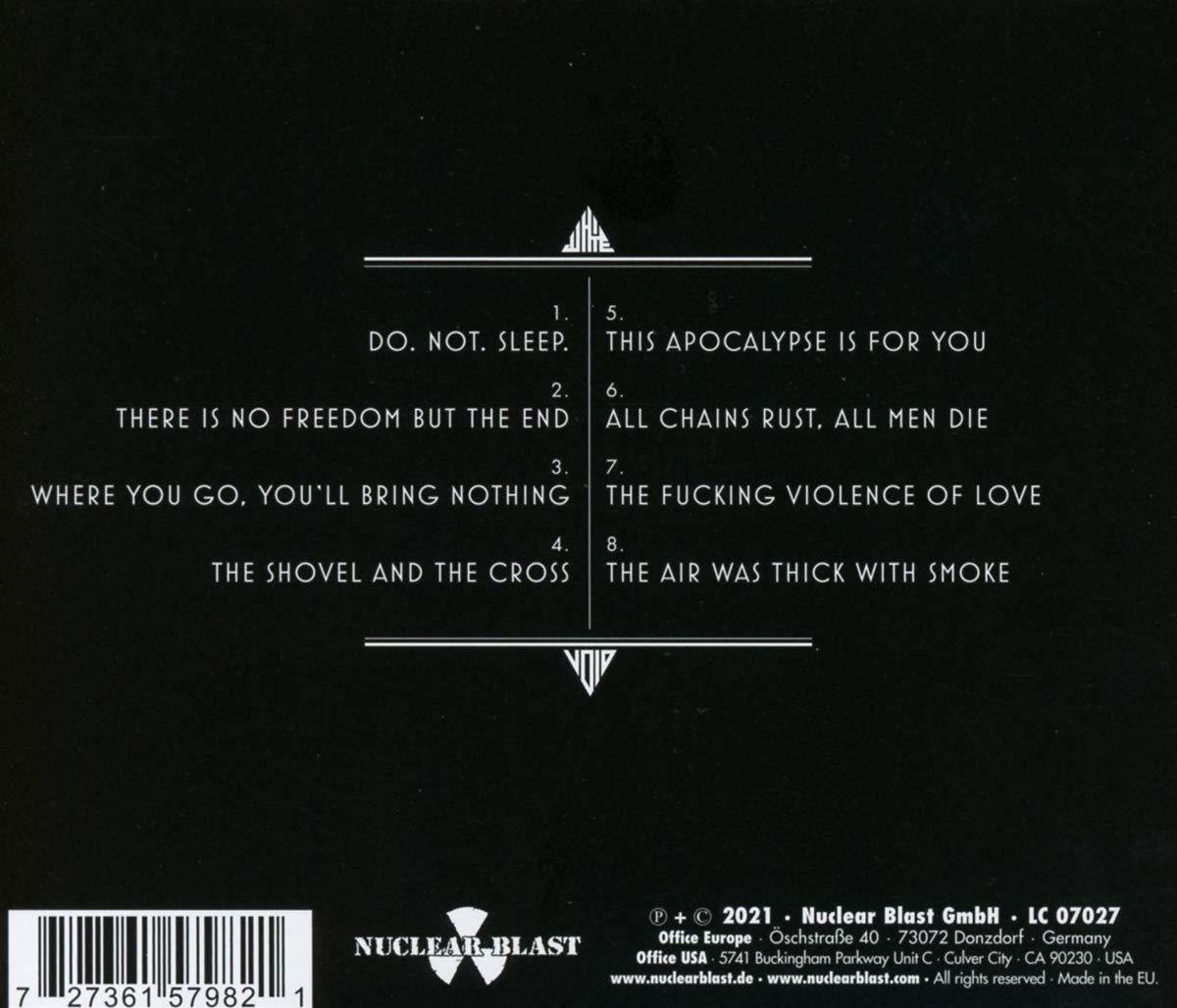Schwarzes CD-Cover mit weißem Text. Songtitel sind aufgelistet. Nuclear Blast Logo. Weißer Hintergrund.