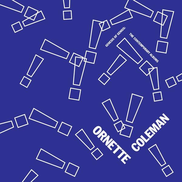 Blauwe achtergrond met verspreide witte uitroeptekens en vierkanten. Tekst: Ornette Coleman, Genesis of Genius.