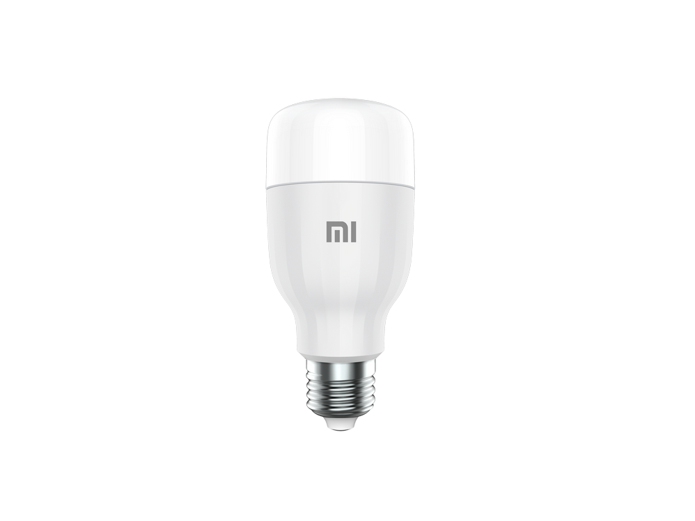 Una bombilla inteligente Xiaomi blanca con base plateada, aislada sobre fondo negro.