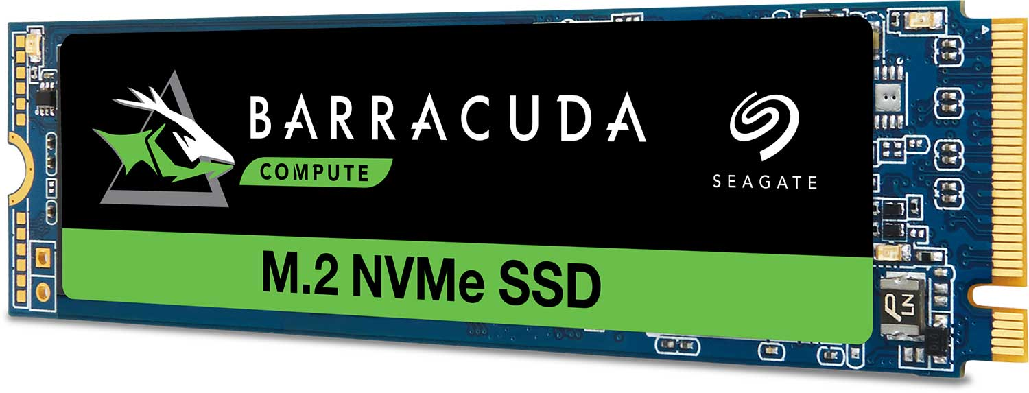 SSD. Zwart en groen gelabelde M.2 NVMe SSD, met Seagate Barracuda logo.