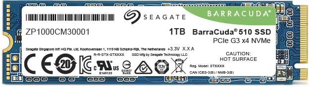 Seagate BarraCuda 510 SSD. Het label bevat het Seagate-logo en 1 TB capaciteit. Witte achtergrond.