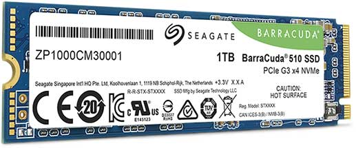 Een 1TB Barracuda 510 SSD-schijf met verschillende labels.
