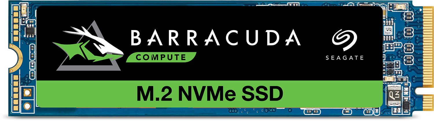 Blauwe M.2 NVMe SSD van Barracuda, met het Seagate-logo en een groene streep.