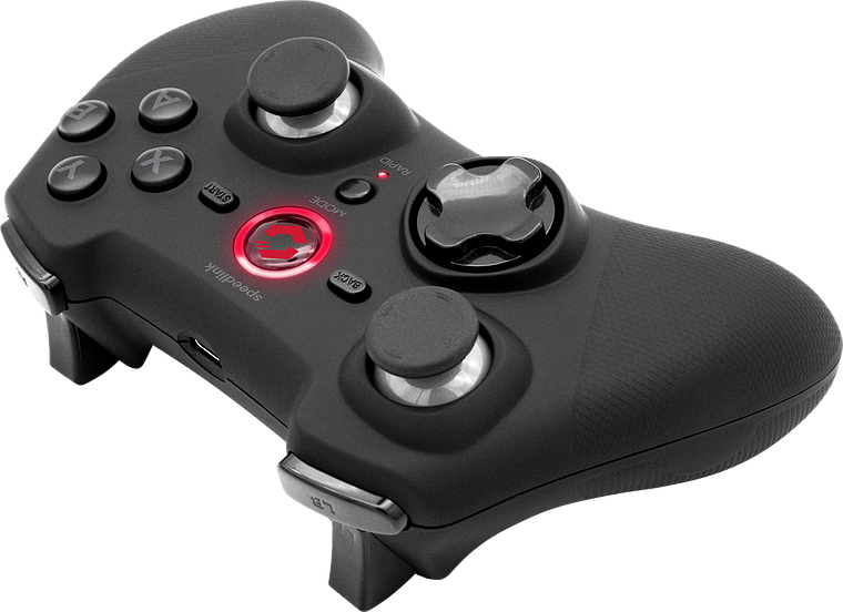 Un controller gamepad nero, con pulsanti e un logo centrale rosso illuminato.