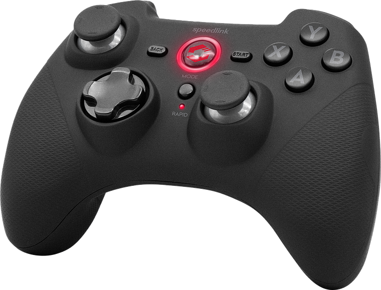 Un gamepad Speedlink nero con più pulsanti e joystick.