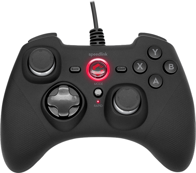 Un gamepad nero con la scritta speedlink e vari pulsanti.