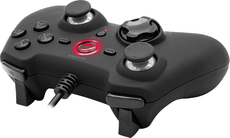 Gamepad nero con pulsanti e joystick. La luce rossa si illumina. Il logo Speedlink è visibile.