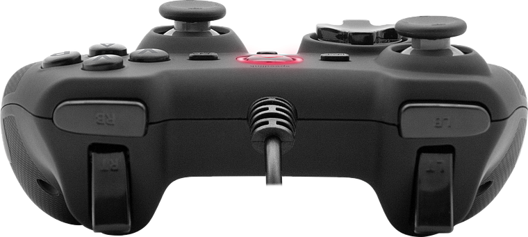 Controller gamepad nero, con pulsanti e cavo di ricarica. Logo Speedlink al centro.