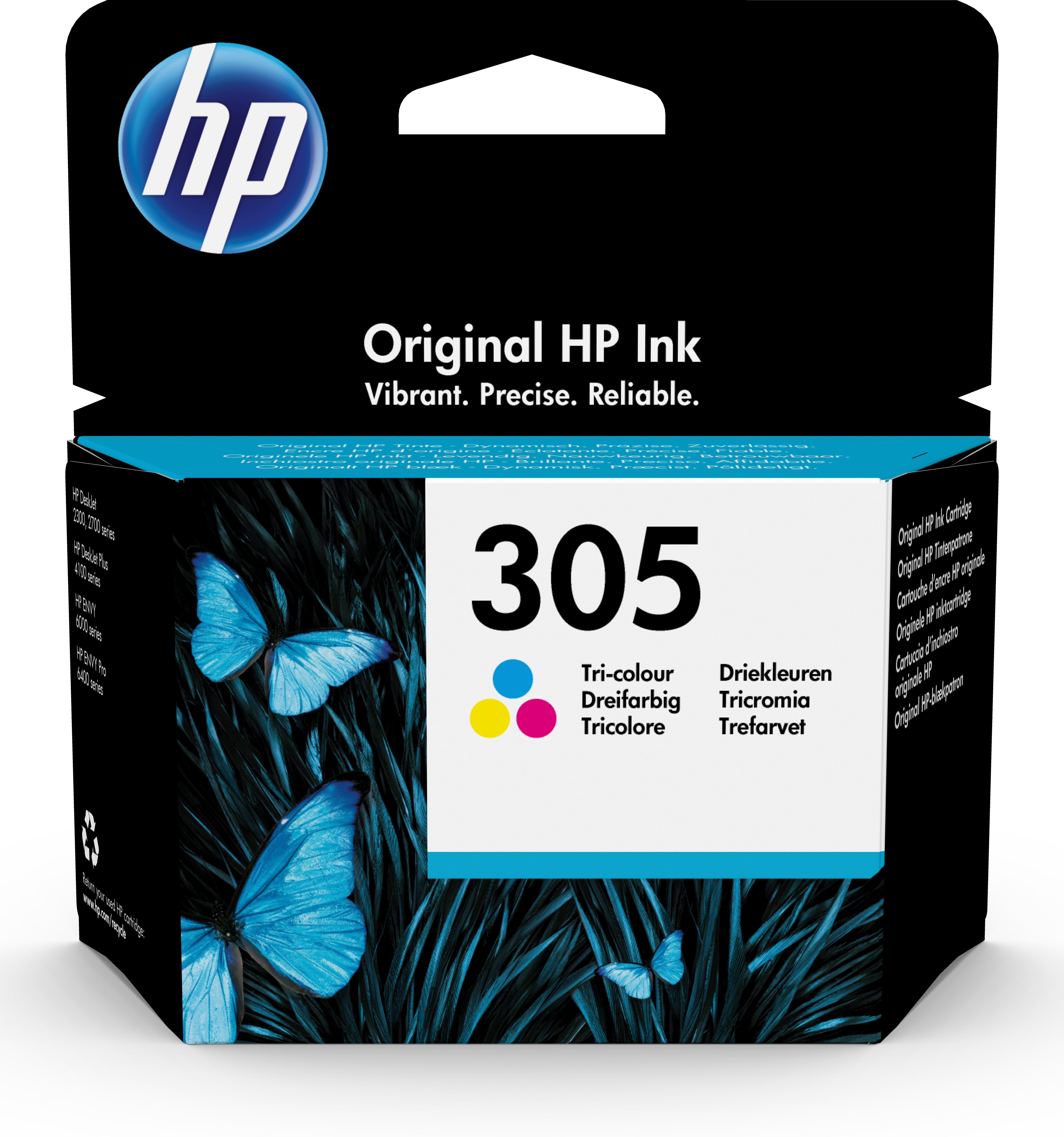 HP 305 Tintenpatronen-Verpackung. Enthält Dreifarb-Tinte. Schmetterlinge und Tintenfarben sichtbar.