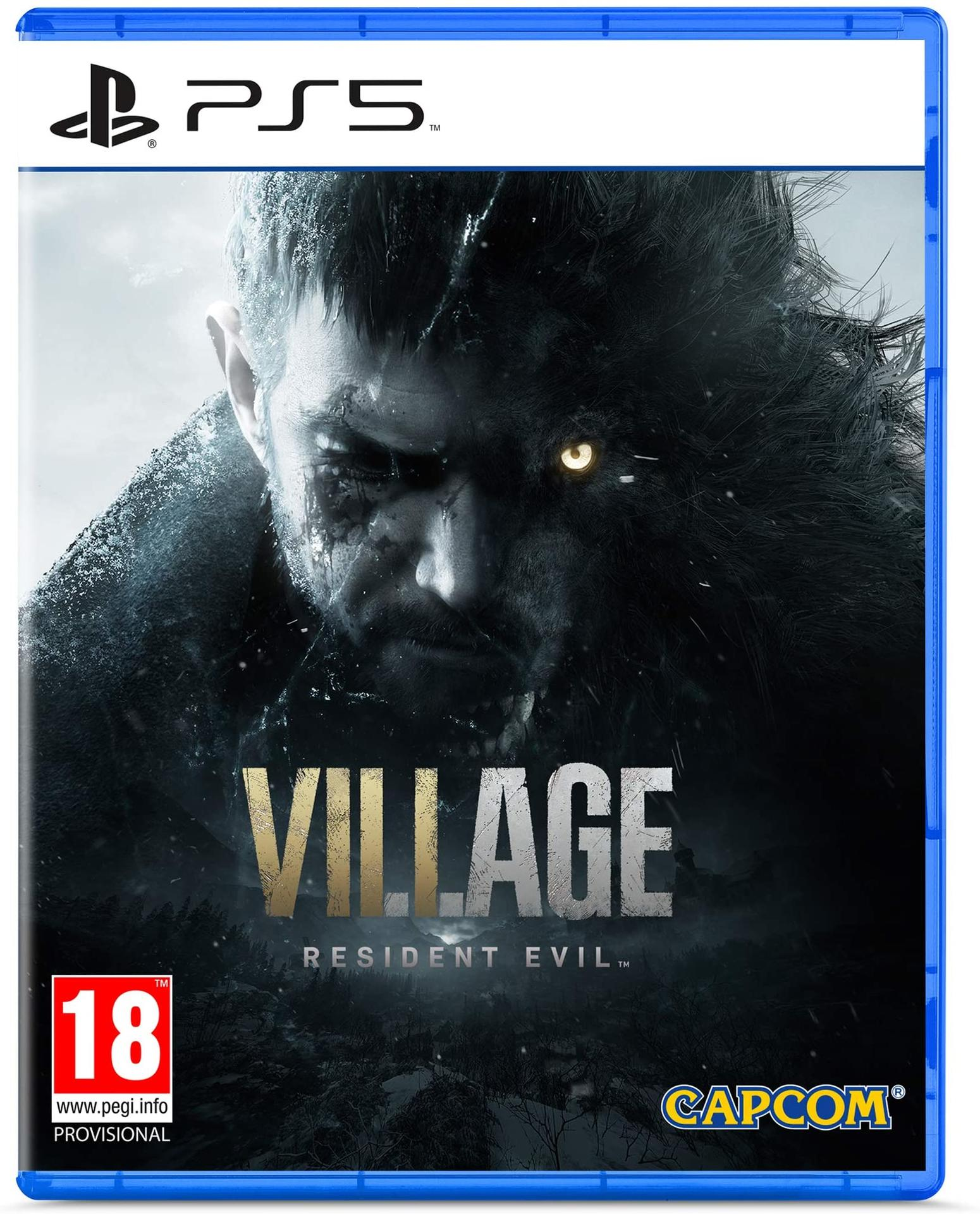 Jaquette du jeu PS5 avec le visage d'une créature ressemblant à un loup et le mot 'VILLAGE'.
