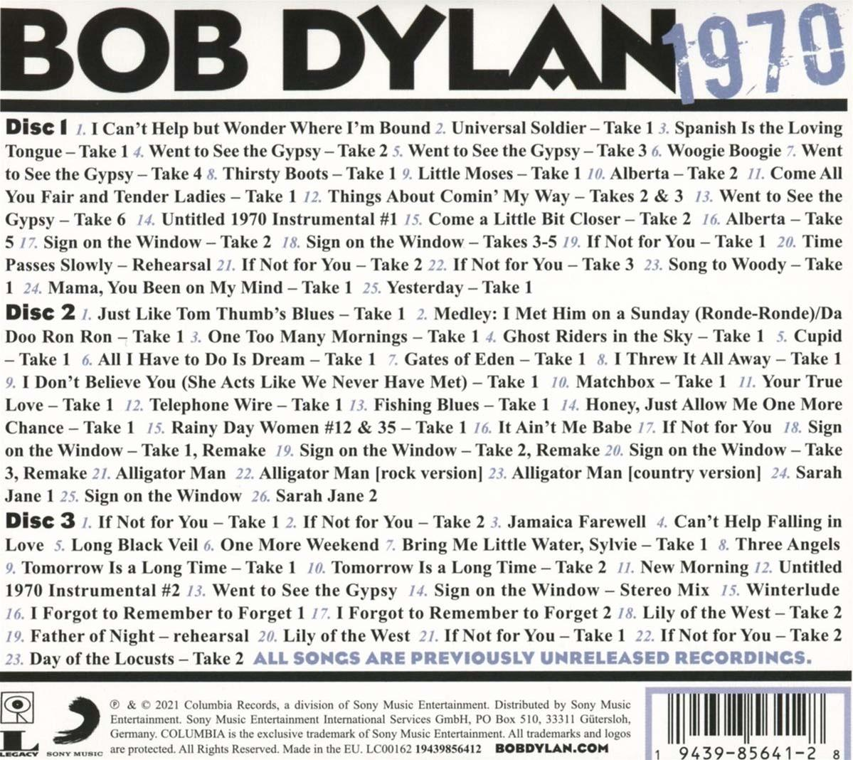 Bob Dylan 1970 Album Tracklist mit dunkelblauem Hintergrund und weißem Text.