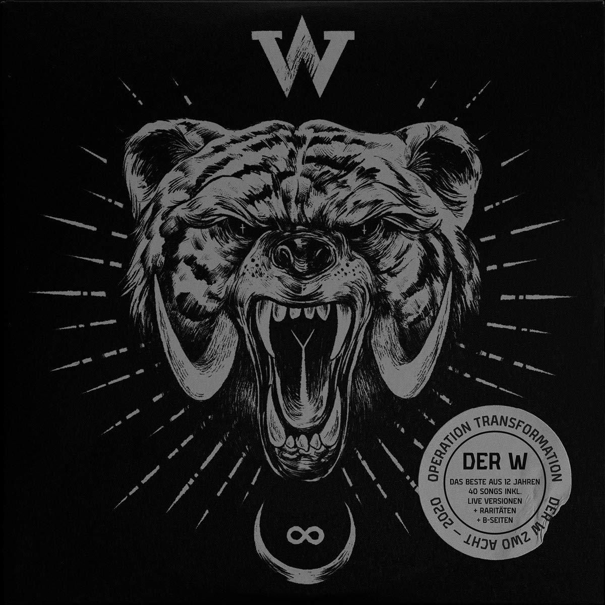 Albumcover. Ein wildes Bärenhaupt mit dem Buchstaben 'W', einem Kreis und der Zahl 8.