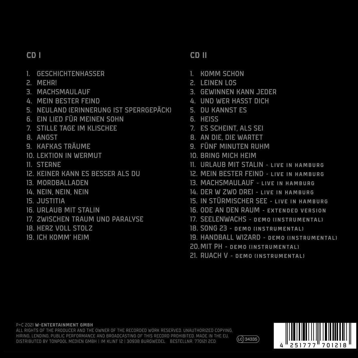 Albumcover, Rückseite mit Trackliste, CD I und CD II, Schwarzweiß.