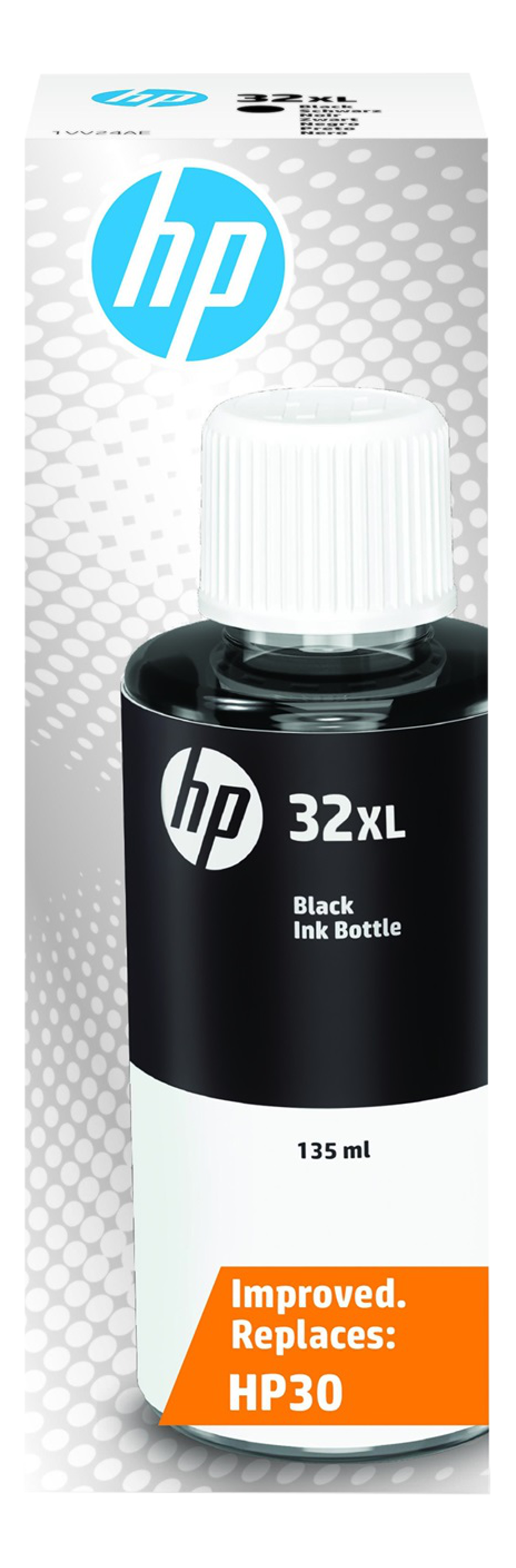 Eine schwarze HP 32XL Tintenflasche mit weißem Deckel und weißem Etikett.