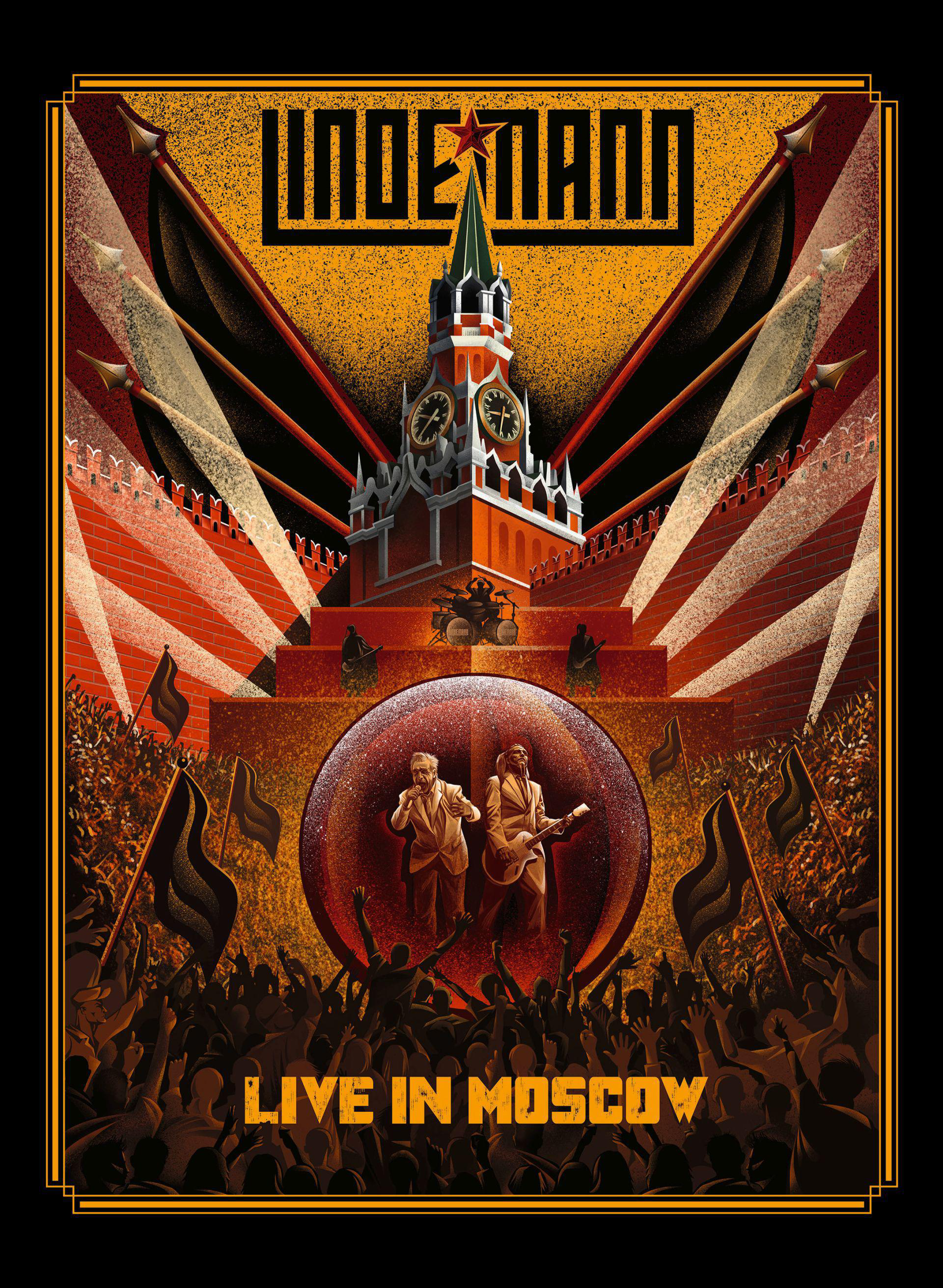 Poster der Band Lindemann, die vor einer Kulisse Moskaus mit einer Menschenmenge auftritt.