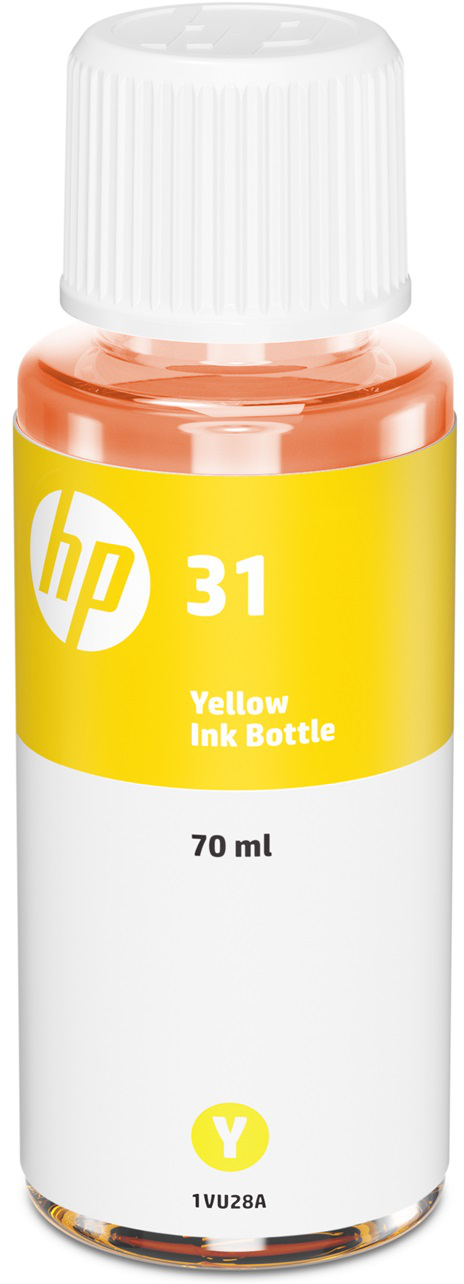 Flacone di inchiostro giallo HP. Etichetta con testo, tappo bianco.
