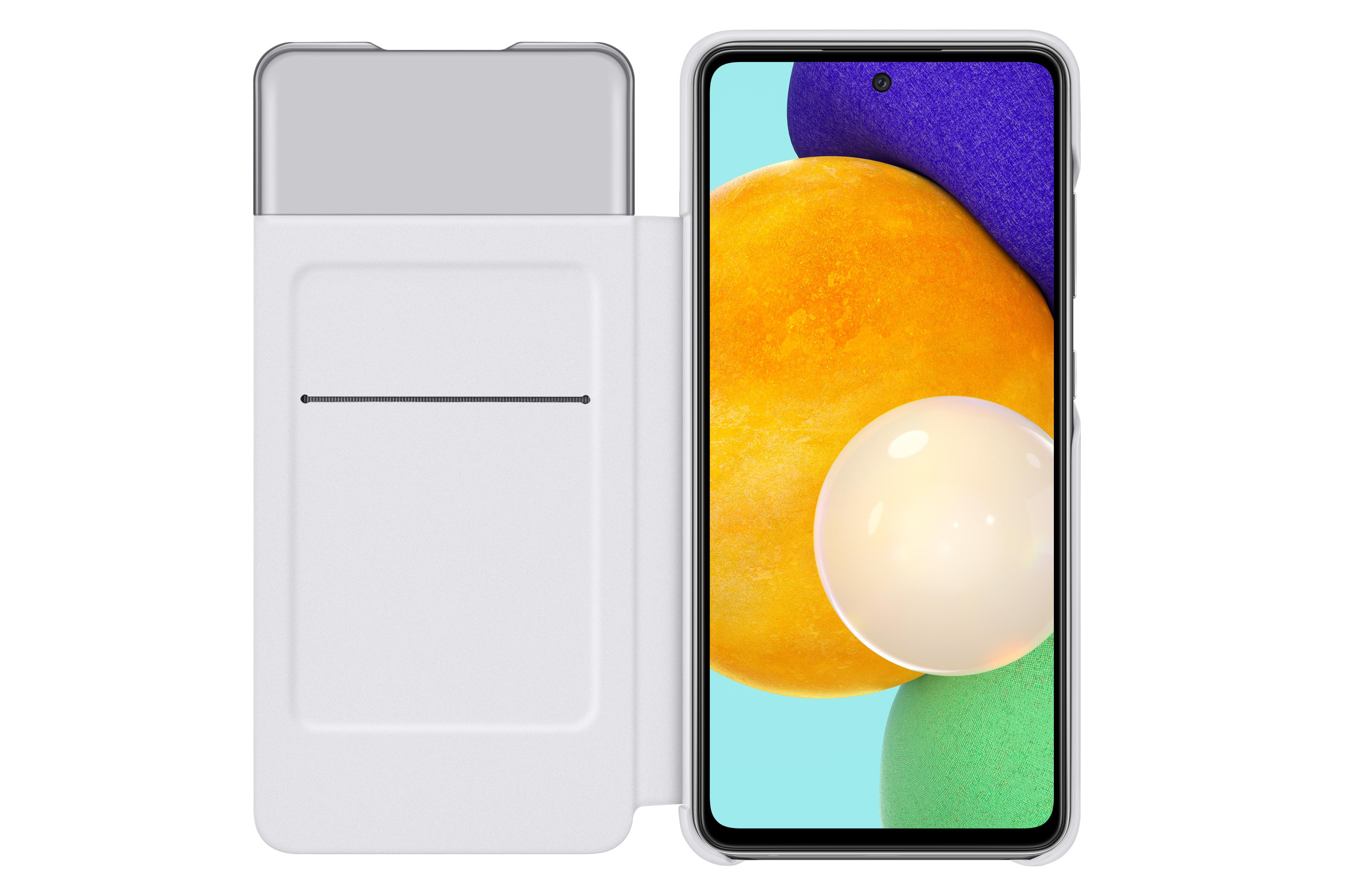 Geöffnete weiße Handyhülle, die ein Smartphone mit farbenfrohem Bildschirm zeigt.