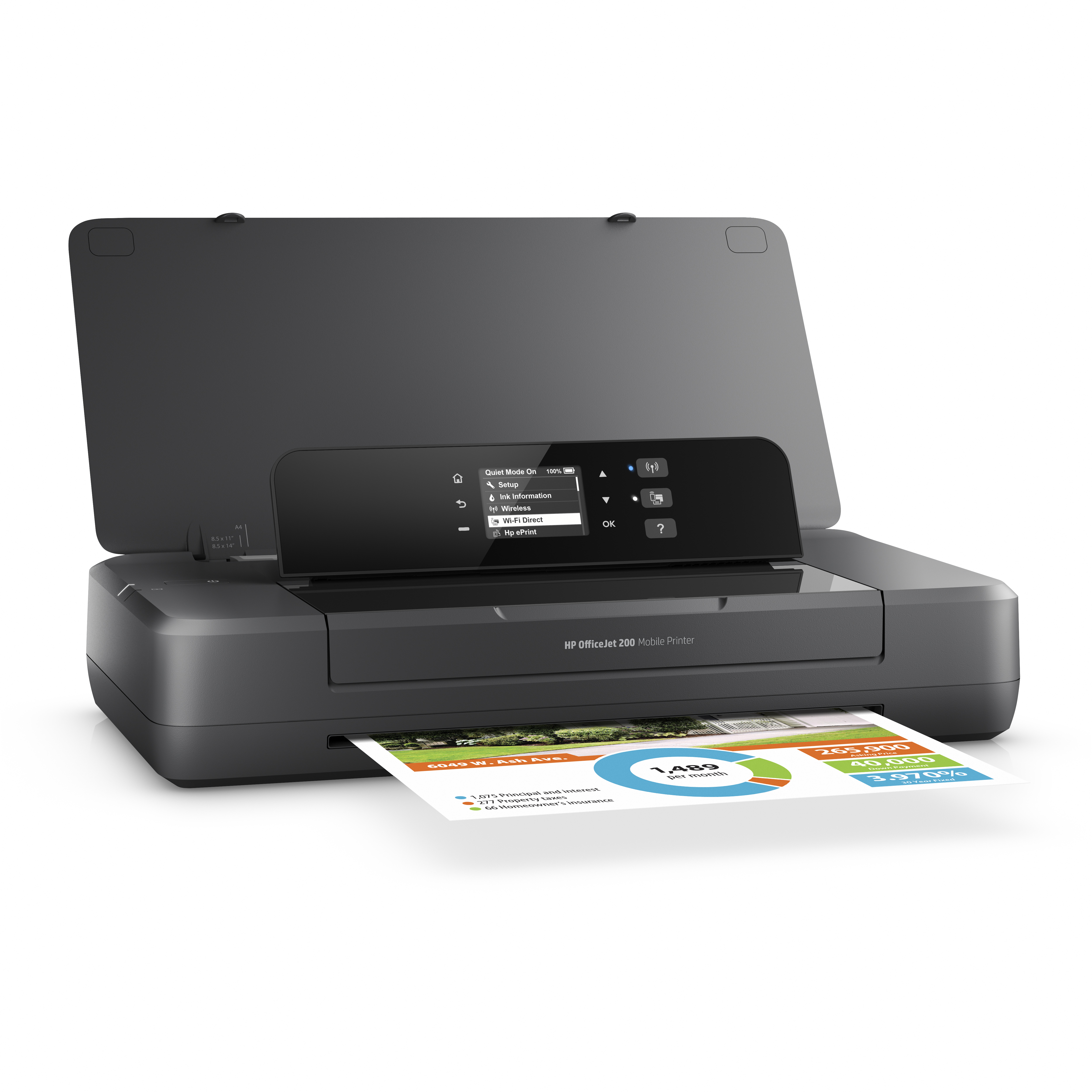 Ein schwarzer HP OfficeJet 200 Mobil-Drucker mit bedrucktem Papier, das Adressen und Diagramme zeigt.