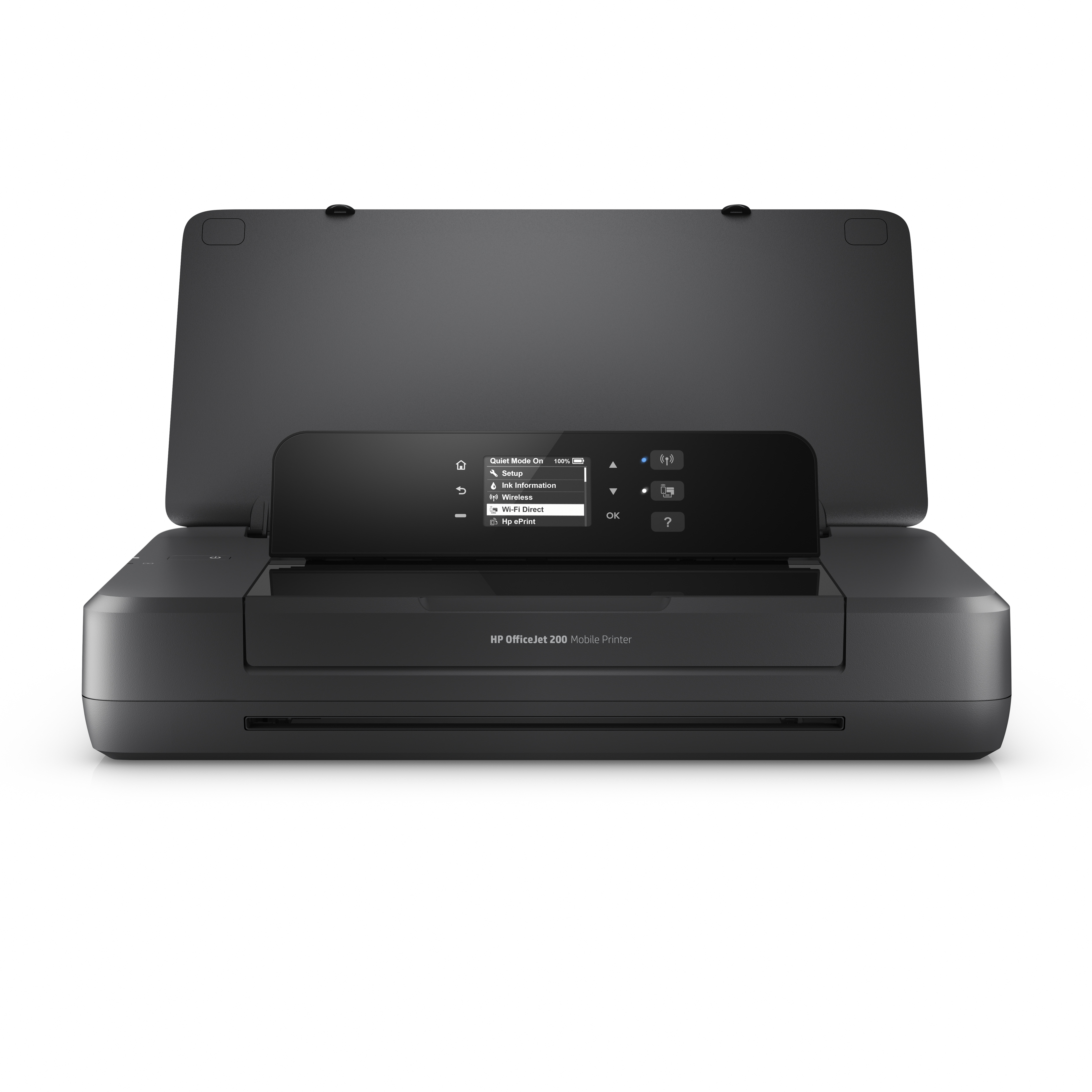 Schwarzer mobiler Drucker HP OfficeJet 200 mit geöffnetem Deckel und Bildschirm.