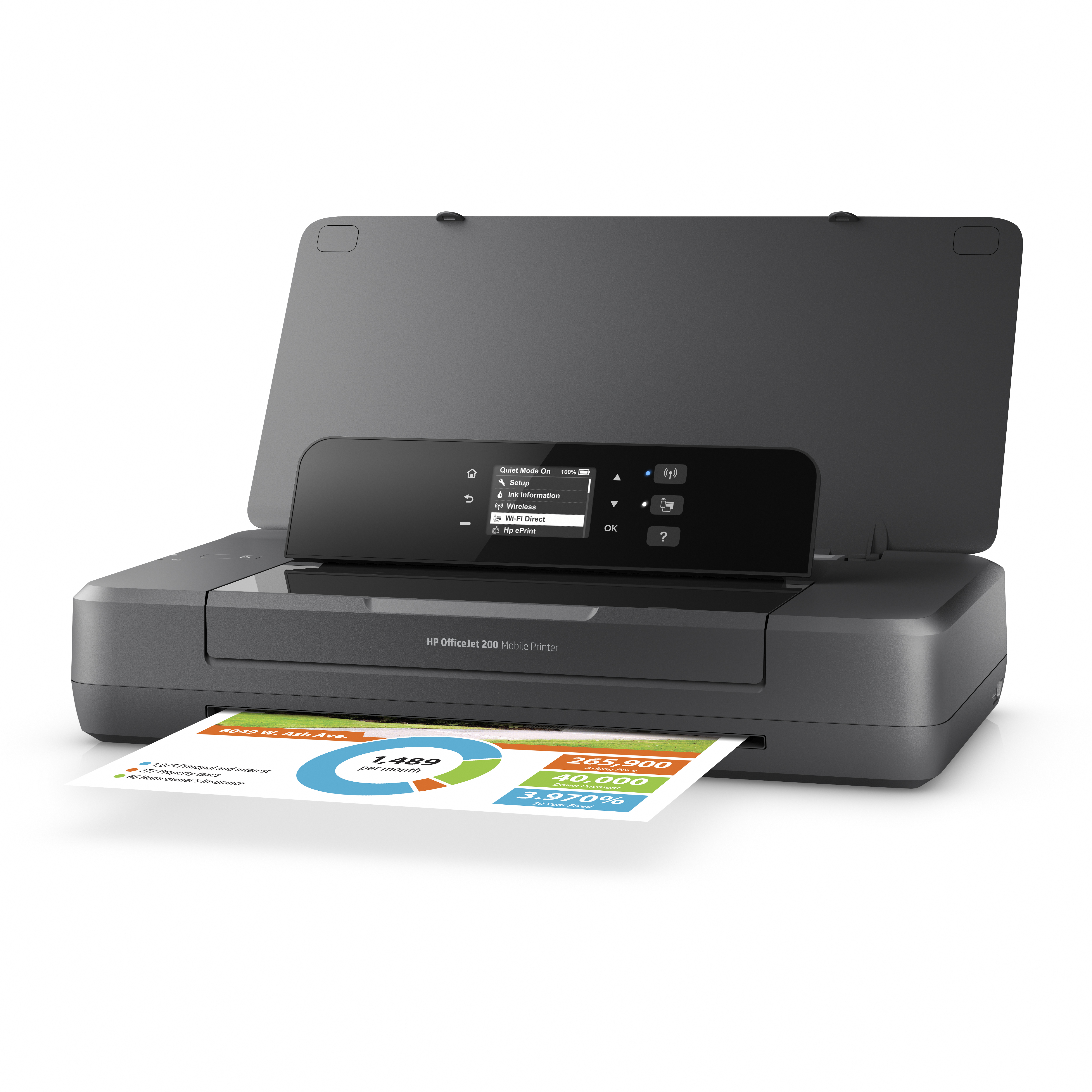 Ein grauer HP OfficeJet 200 Drucker druckt ein Dokument mit Finanzdaten.