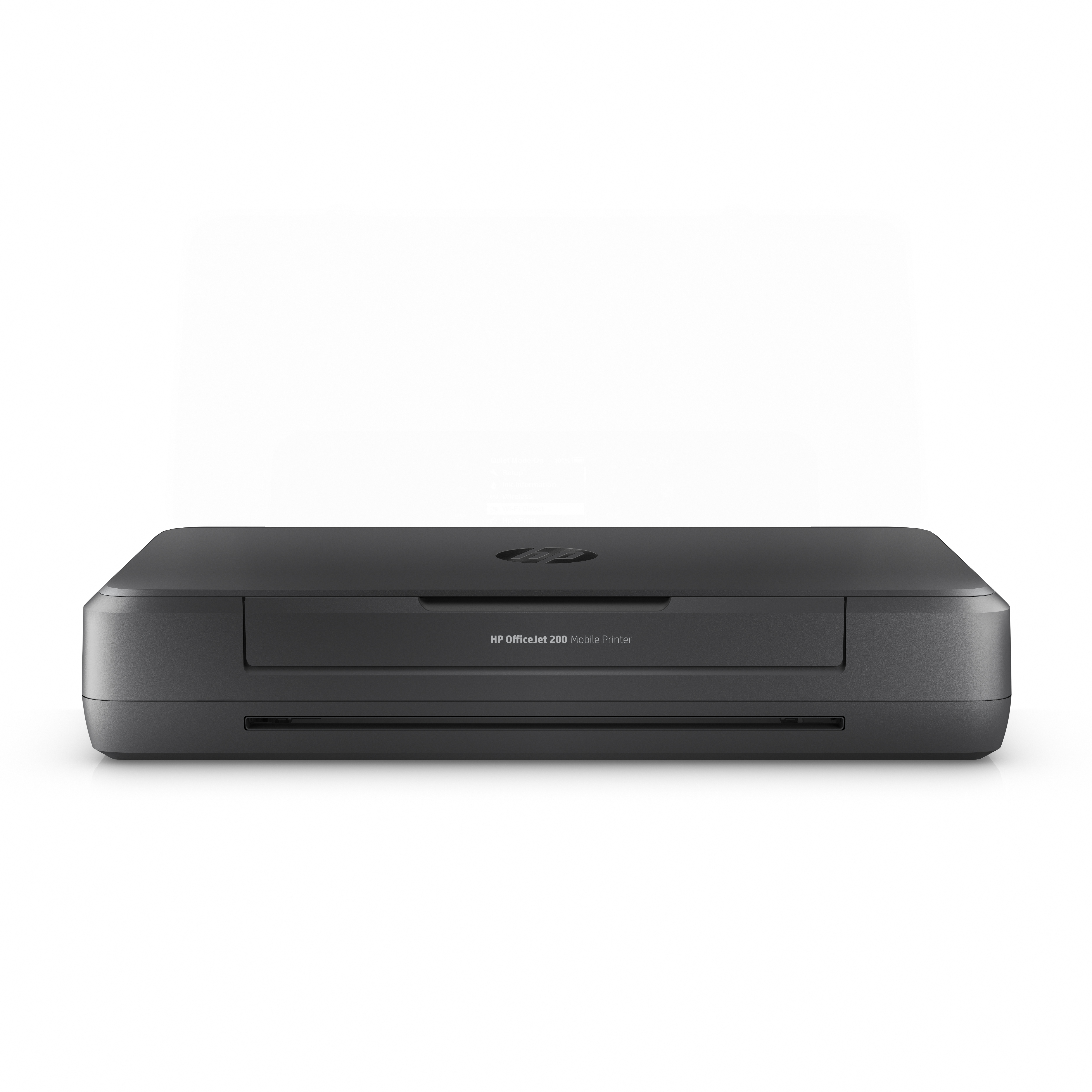 Ein schwarzer HP OfficeJet 200 Mobil-Drucker auf weißem Hintergrund.