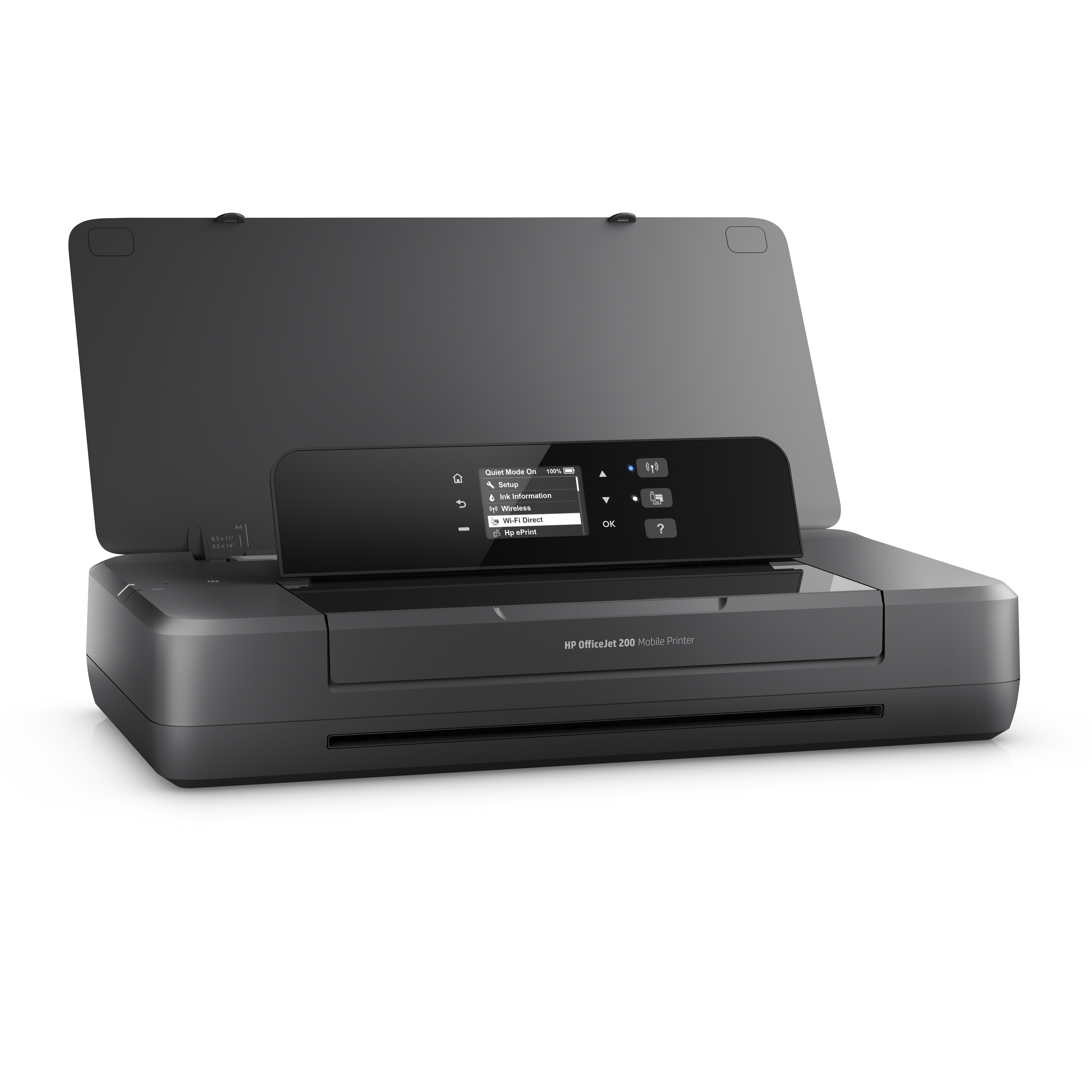 Ein dunkler HP OfficeJet 200 mobiler Drucker mit geöffnetem Deckel und Display.