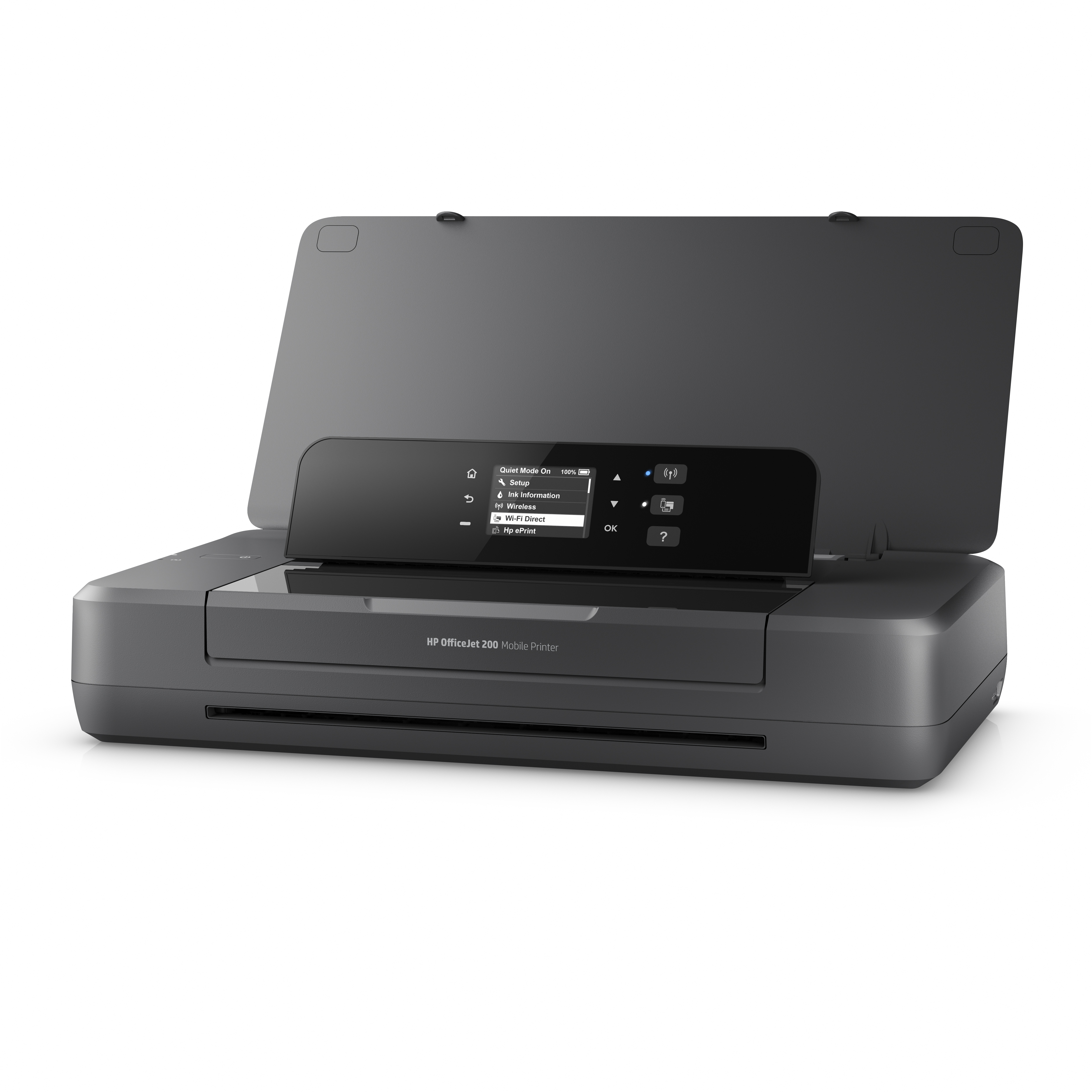 Ein grauer HP OfficeJet 200 Mobil-Drucker mit offenem Deckel und Menü auf dem Bildschirm.