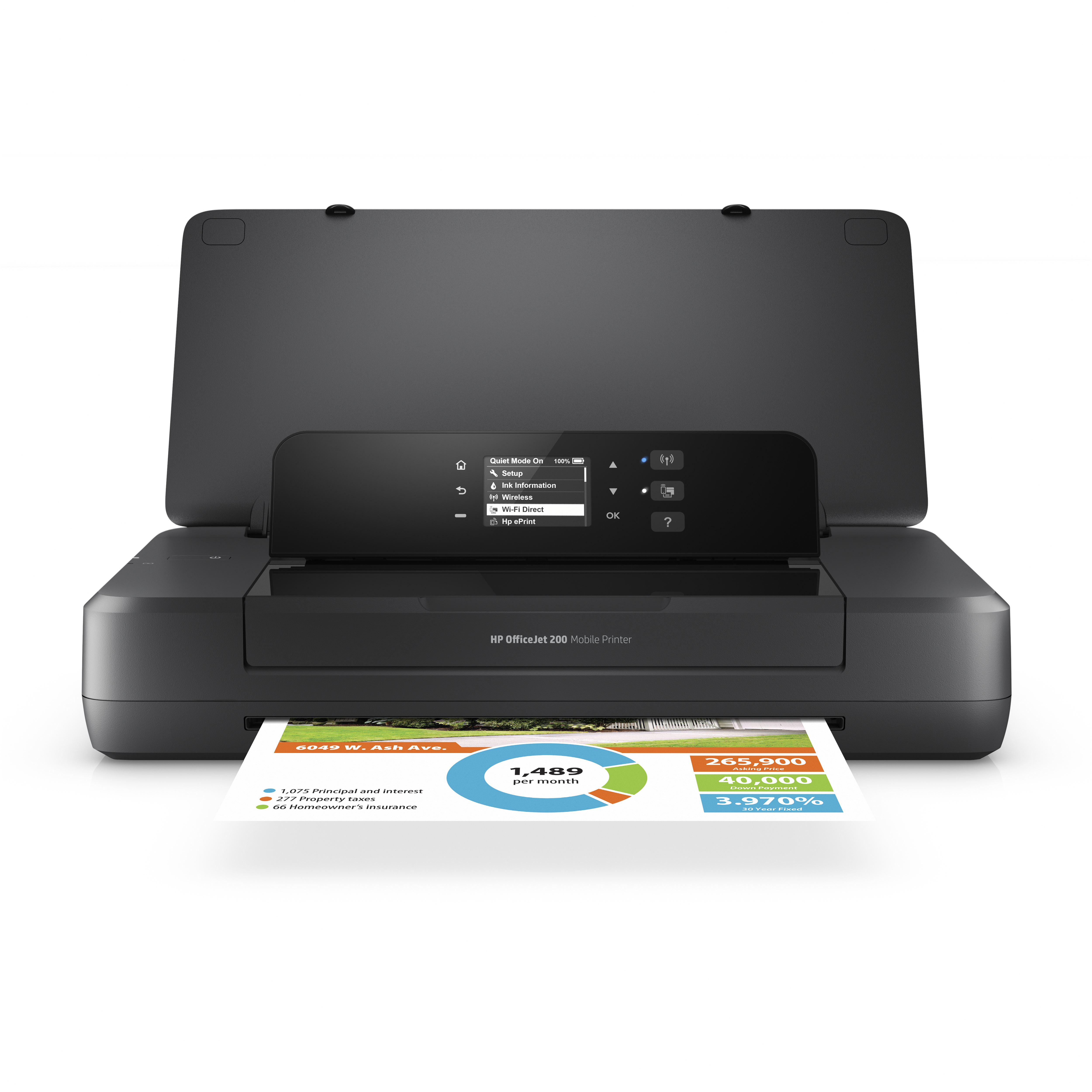Ein schwarzer HP OfficeJet 200 Mobil-Drucker druckt ein Dokument mit Diagrammen.